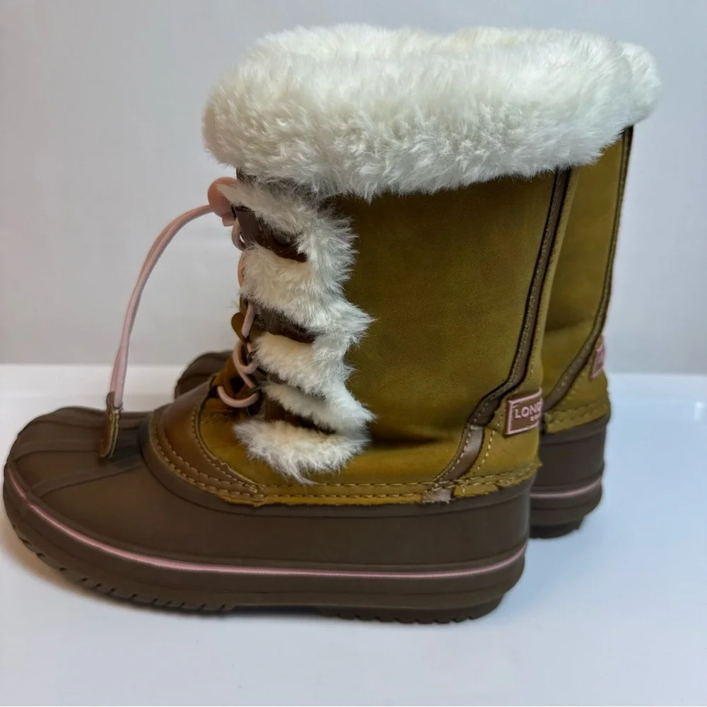 London Fog Kids Brown SnowBoots‎ w/ Pink Accents sz 2 Faux Fur Winter Outdoor